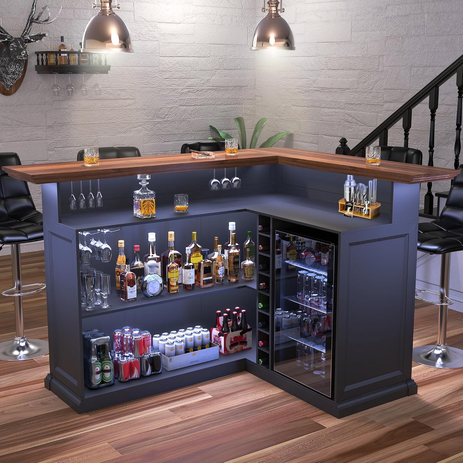 L자형 홈 바 캐비닛 (냉장고 공간 포함), 대형 지하 - Home Bar Setup 리뷰 및 가격