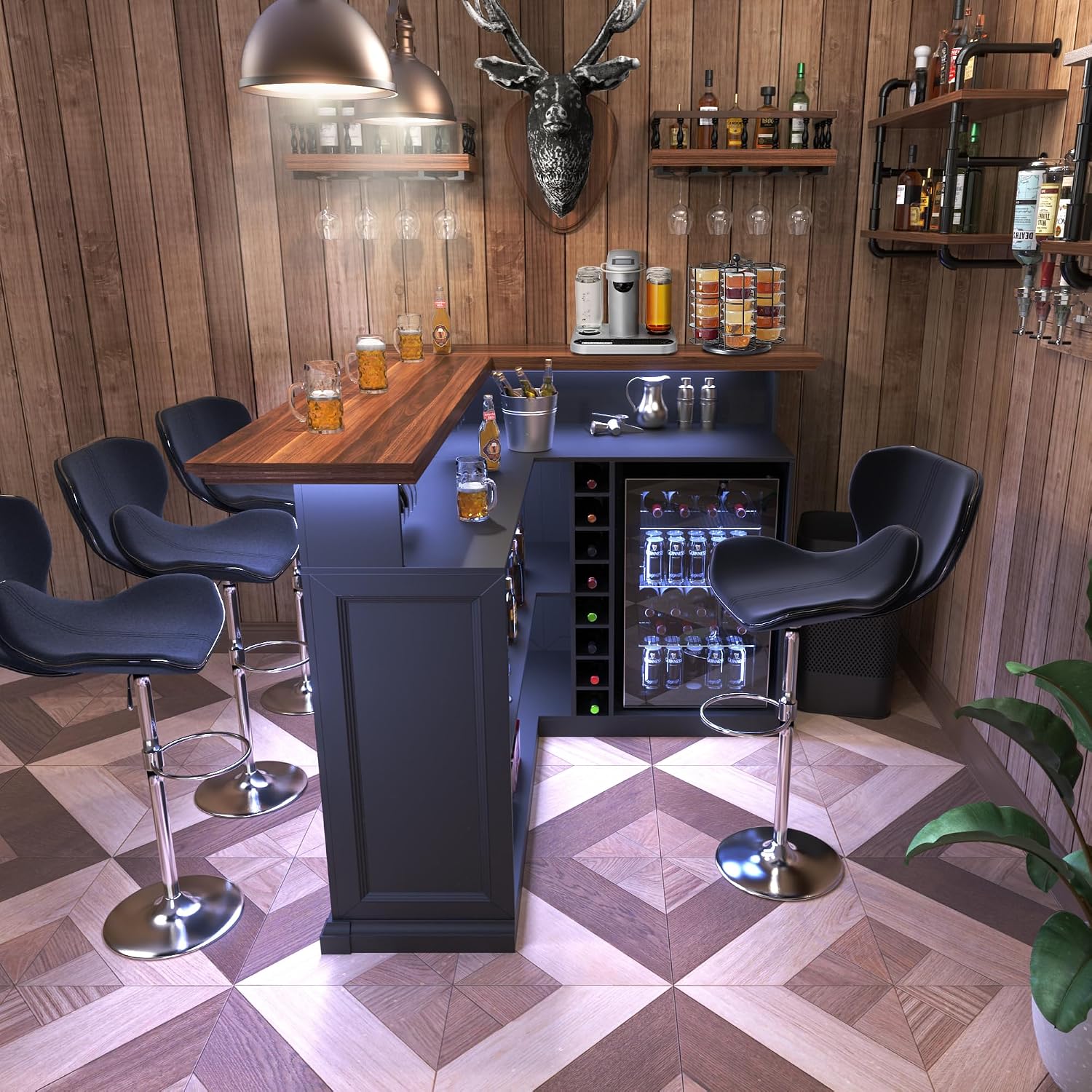 L자형 홈 바 캐비닛 (냉장고 공간 포함), 대형 지하 - Home Bar Setup 리뷰 및 가격